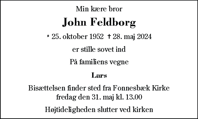 Dødsannonce for John Feldborg