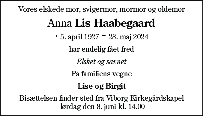 Dødsannonce for Anna Lis Haabegaard