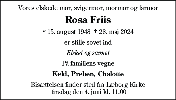 Dødsannonce for Rosa Friis