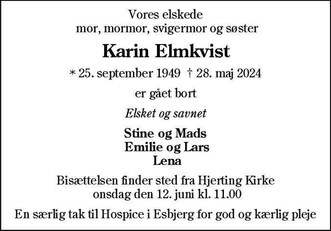 Dødsannonce for Karin Plet Elmkvist