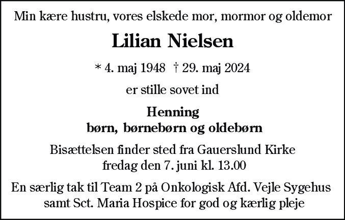 Dødsannonce for Lilian Nielsen