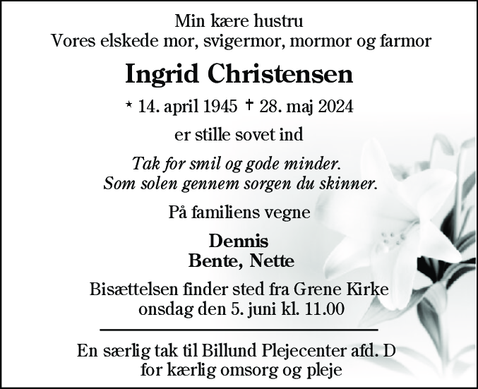 Dødsannonce for Ingrid Christensen