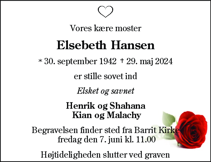 Dødsannonce for Elsebeth Hansen