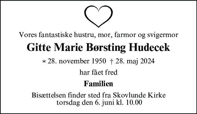 Dødsannonce for Gitte Marie Børsting Hudecek