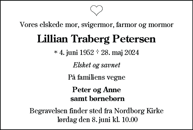 Dødsannonce for Lilian Maj-Britt Traberg Petersen