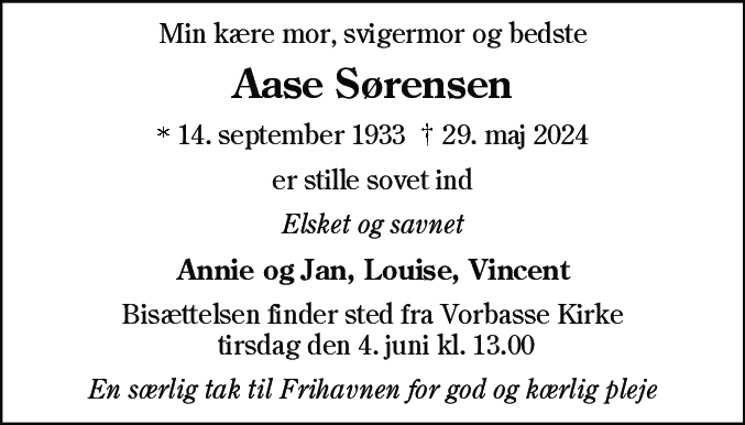 Dødsannonce for Aase Sørensen