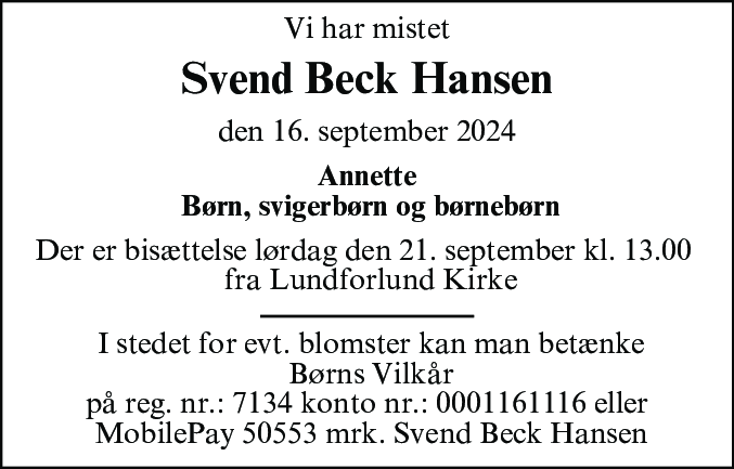 Dødsannonce for Svend Beck Hansen