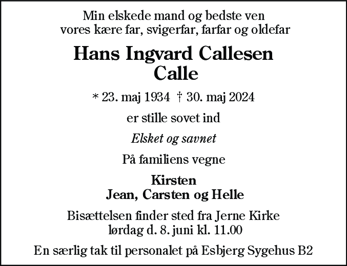 Dødsannonce for Hans Ingvard Callesen