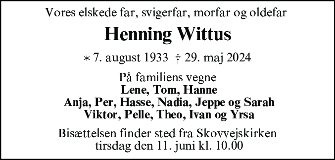 Dødsannonce for Poul Henning Wittus