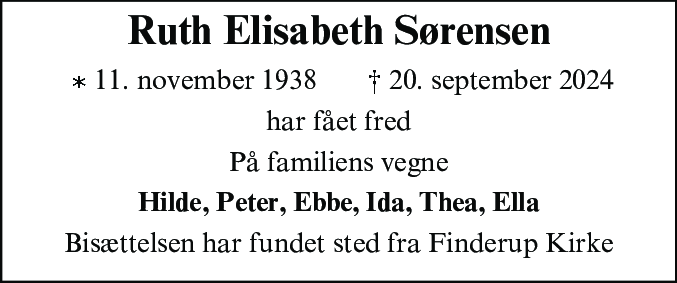 Dødsannonce for Ruth Elisabeth Sørensen