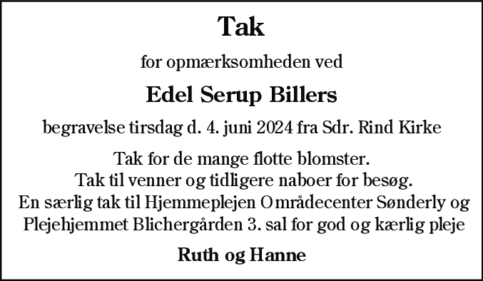 Dødsannonce for Edel Serup Biller