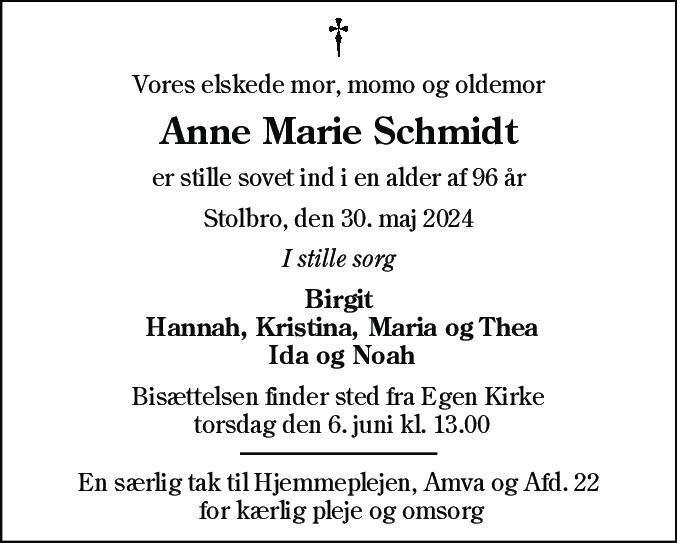 Dødsannonce for Anne Marie Schmidt