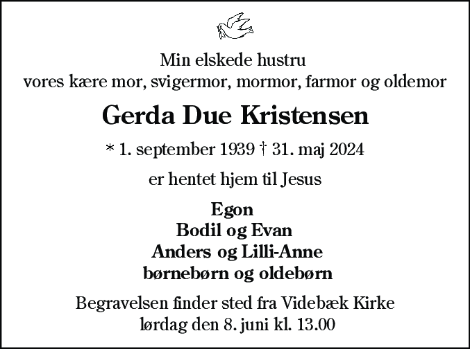 Dødsannonce for Gerda Due Kristensen
