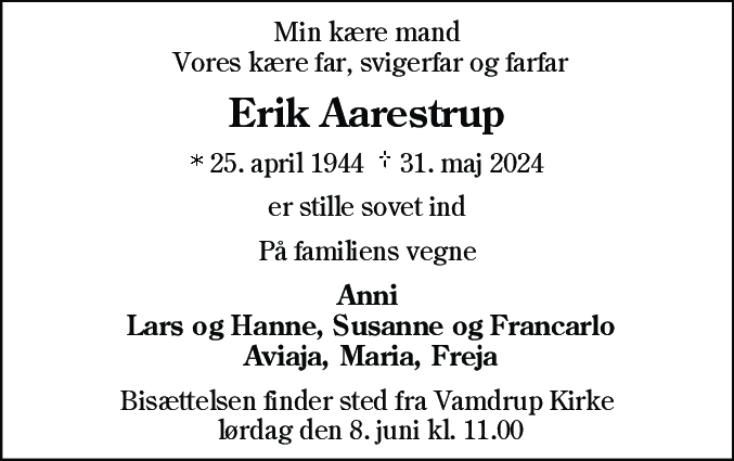 Dødsannonce for Erik Aarestrup
