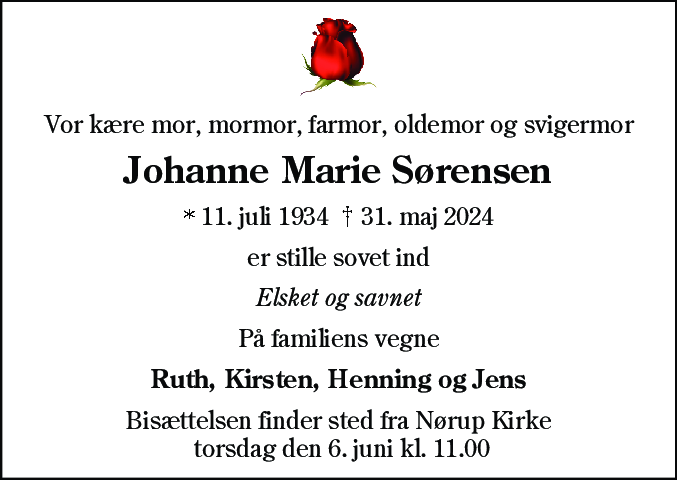 Dødsannonce for Johanne Marie Sørensen