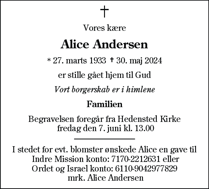 Dødsannonce for Alice Andersen