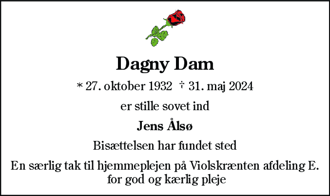 Dødsannonce for Dagny Dam