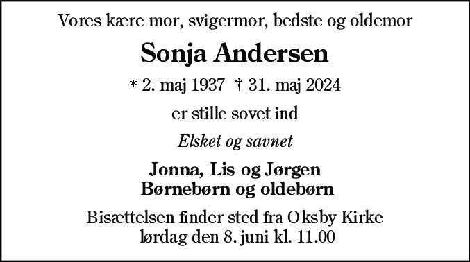 Dødsannonce for Sonja Andersen