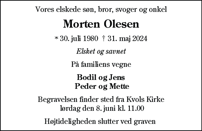 Dødsannonce for Morten Olesen