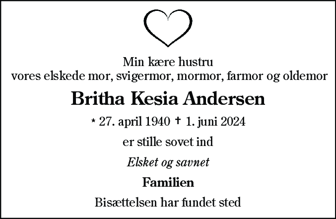 Dødsannonce for Britha Kesia Andersen