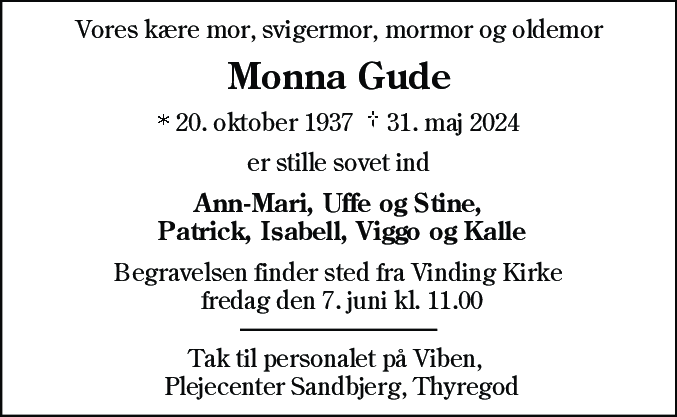 Dødsannonce for Monna Gude