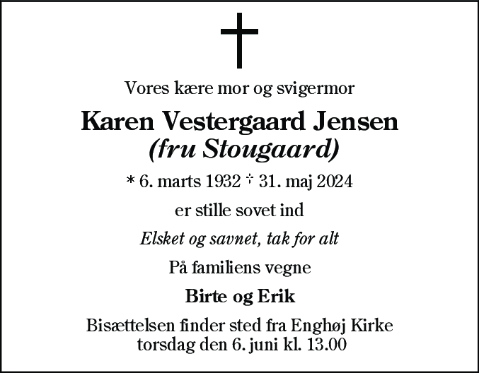Dødsannonce for Karen Vestergaard Jensen