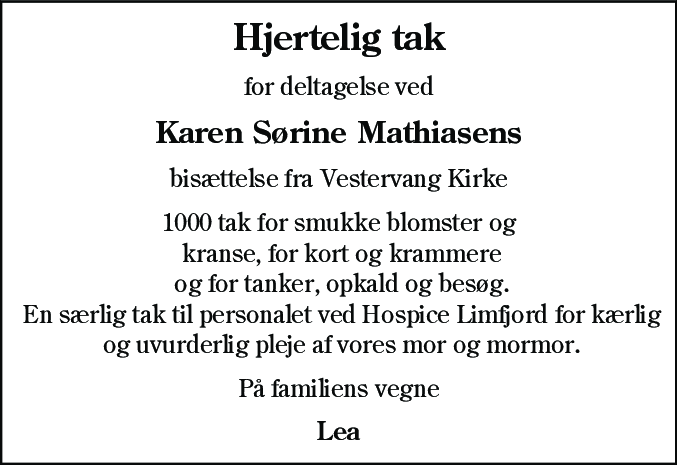 Dødsannonce for Karen Sørine Mathiasen