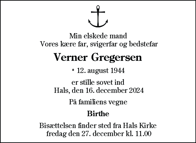 Dødsannonce for Verner Gregersen
