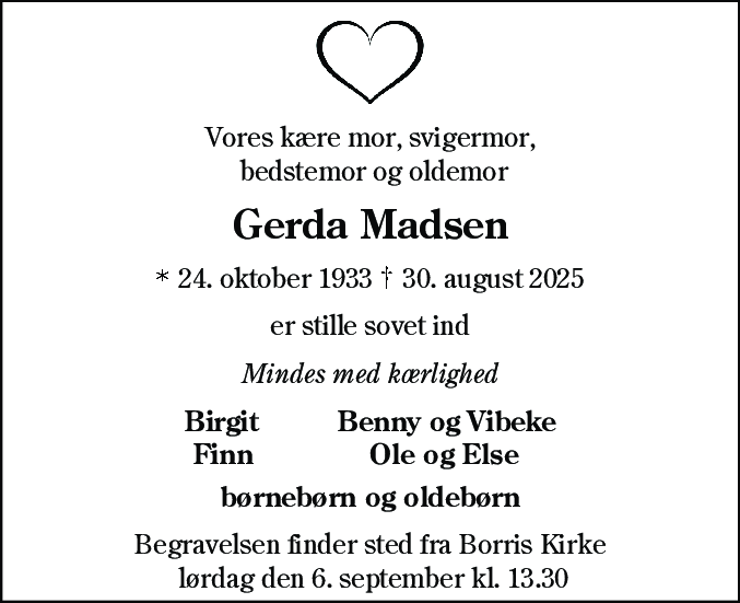 Dødsannonce for Gerda Madsen