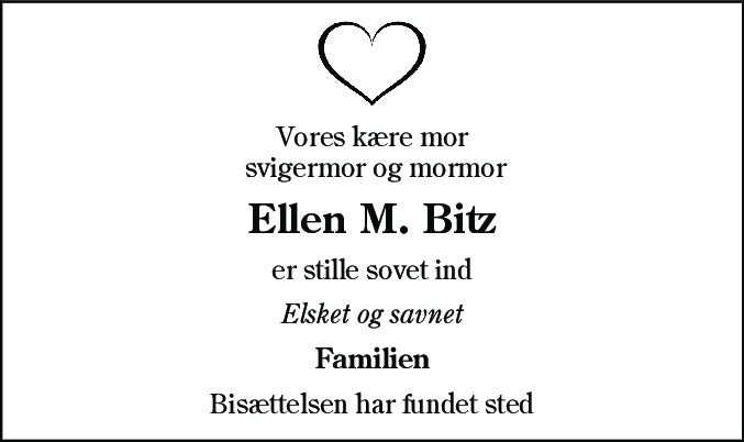 Dødsannonce for Ellen Margrethe Bitz