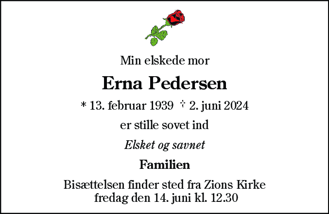 Dødsannonce for Erna Pedersen