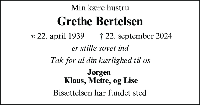 Dødsannonce for Grethe Bertelsen