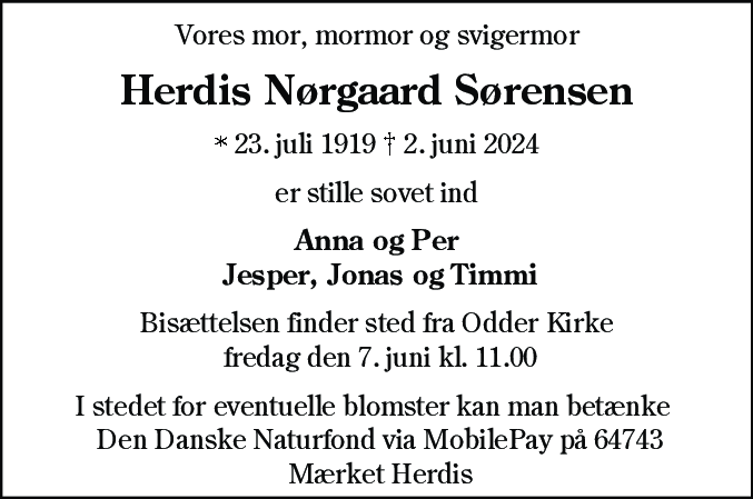 Dødsannonce for Herdis Nørgaard Sørensen