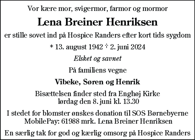 Dødsannonce for Lena Breiner Henriksen