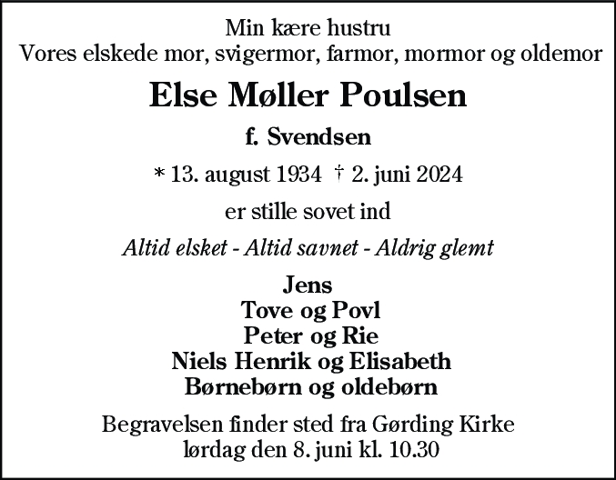 Dødsannonce for Else Møller Poulsen