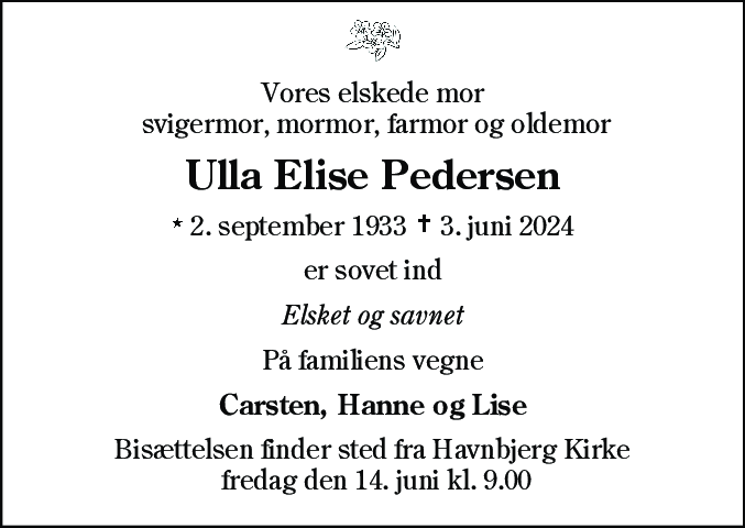 Dødsannonce for Ulla Elise Pedersen