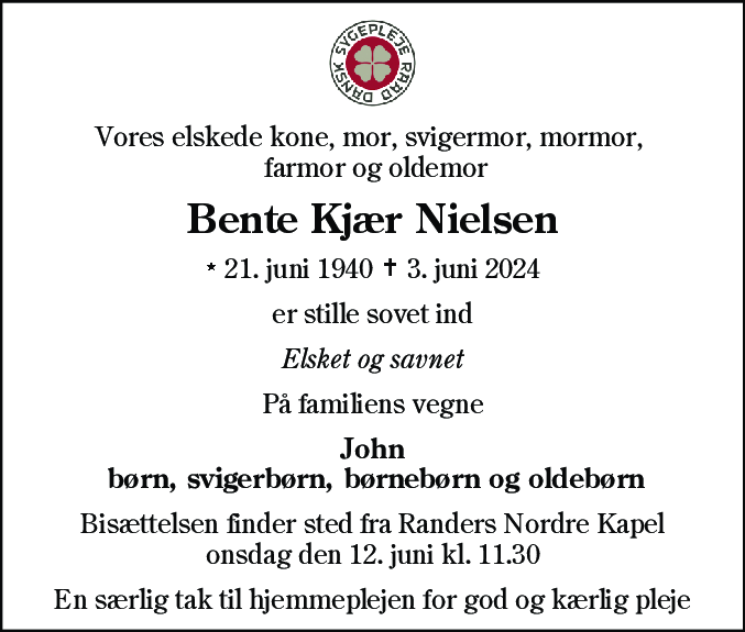 Dødsannonce for Bente Kjær Nielsen