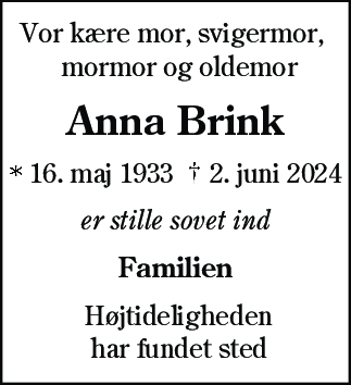 Dødsannonce for Anna Sofie Bjerremand Brink