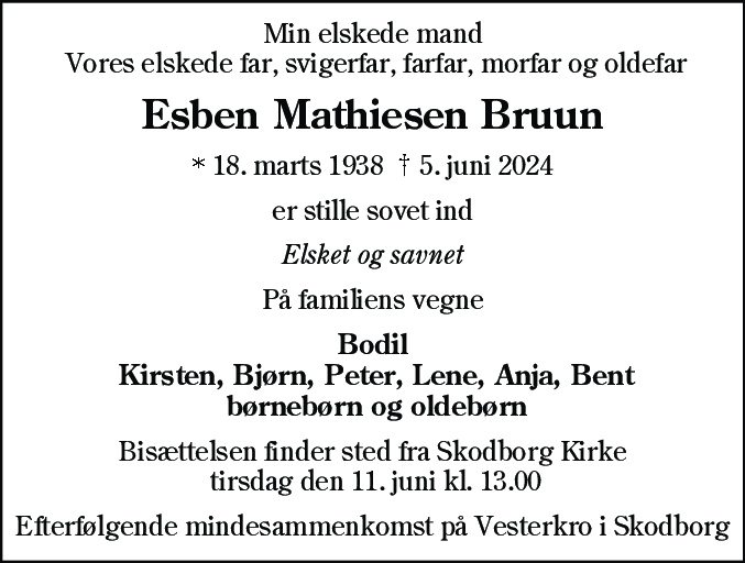 Dødsannonce for Esben Mathiesen Bruun