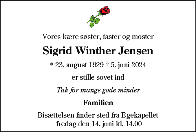Dødsannonce for Sigrid Winther Jensen
