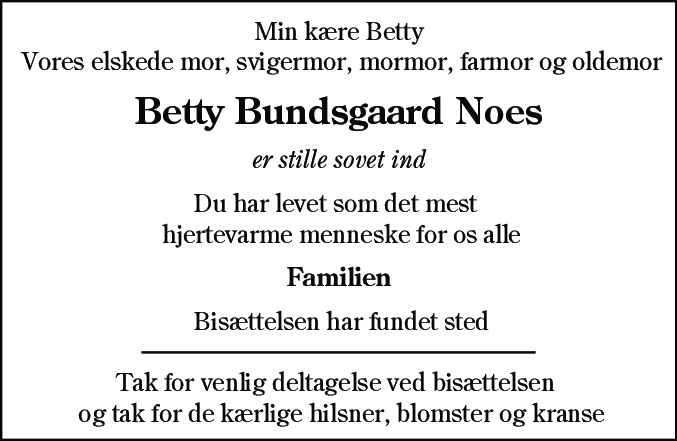 Dødsannonce for Betty Bundsgaard Noes