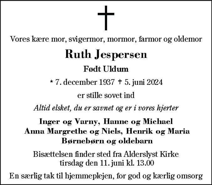 Dødsannonce for Ruth Jespersen