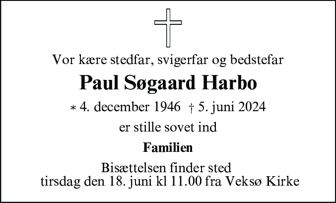 Dødsannonce for Paul Søgaard Harbo