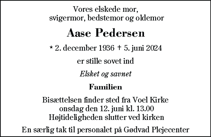 Dødsannonce for Aase Pedersen