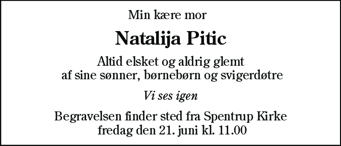 Dødsannonce for Natalija Pitic