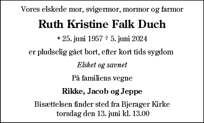 Dødsannonce for Ruth Kristine Falk Duch