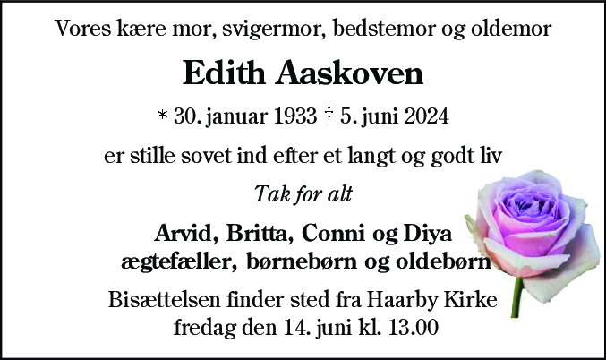 Dødsannonce for Edith Aaskoven