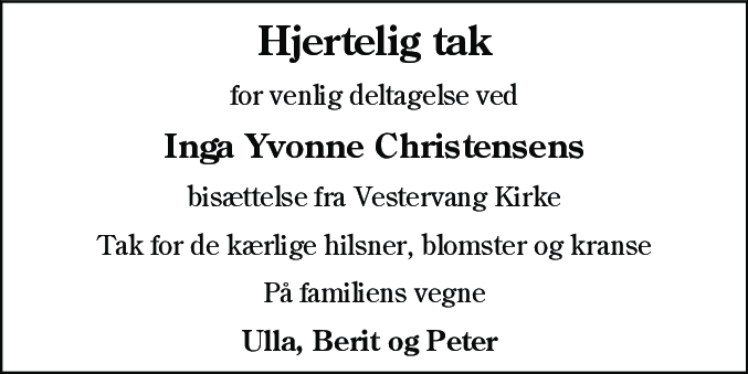 Dødsannonce for Inga Yvonne Christensen