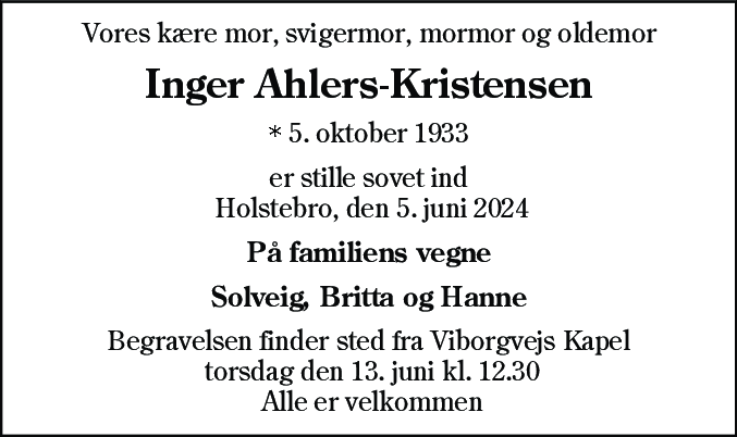 Dødsannonce for Inger Marie Ahlers-Kristensen
