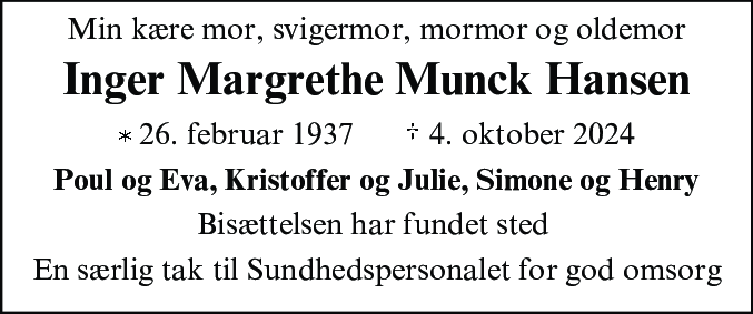 Dødsannonce for Inger Margrethe Munck Hansen